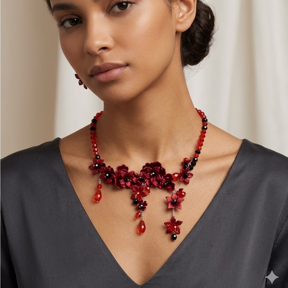 Red Floral Drop Necklace with Bead Accents